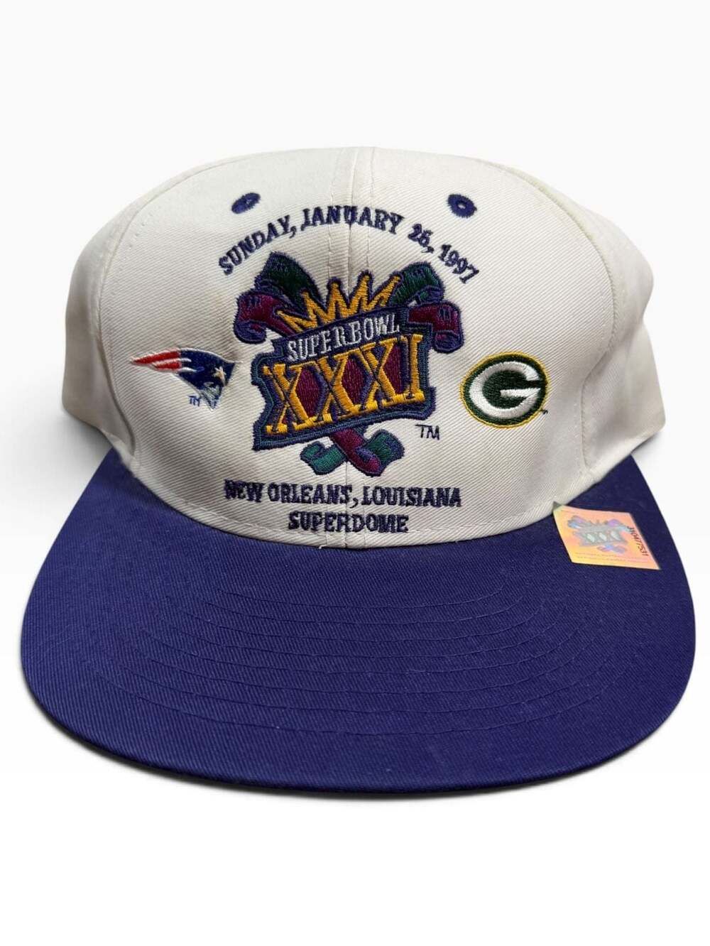 Vintage 1997 Super Bowl XXXI Packers Patriots Logo 7 Snapback Hat NFL